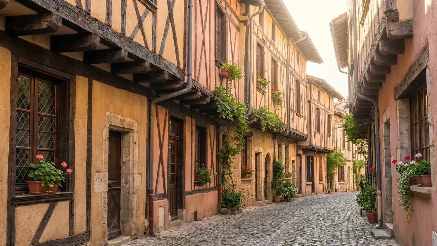La rue Beauville à Agen, ruelle médiévale de maisons à colombages et encorbellements