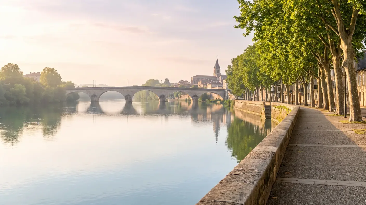 La Garonne traversant Agen, vieux pont de pierre et quais bordés de platanes