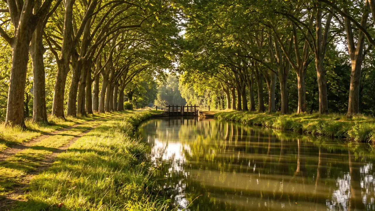 Le canal latéral à la Garonne près d'Agen, chemin de halage bordé d'une double rangée de platanes