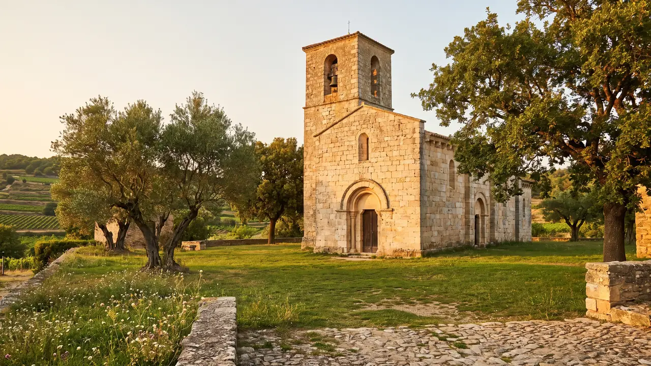 Église romane Saint-Éloi d'Andernos en pierre claire, clocher carré et portail en plein cintre parmi les arbres