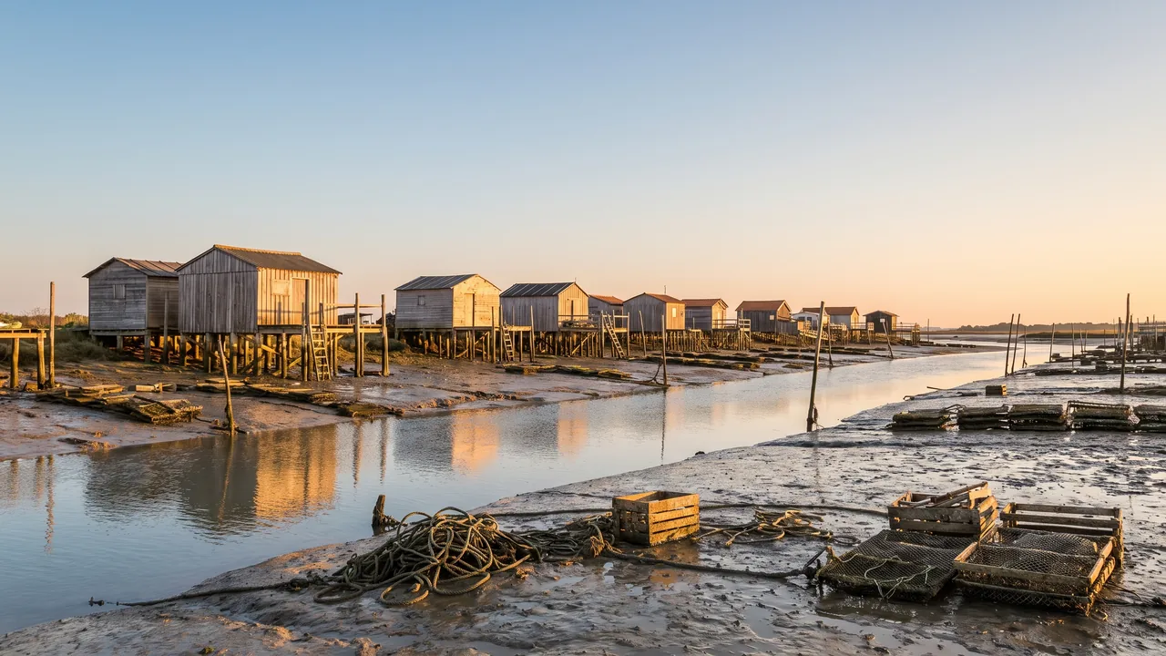 Port ostréicole d'Andernos à marée basse, rangée de cabanes de bois brut sur pilotis le long d'un chenal