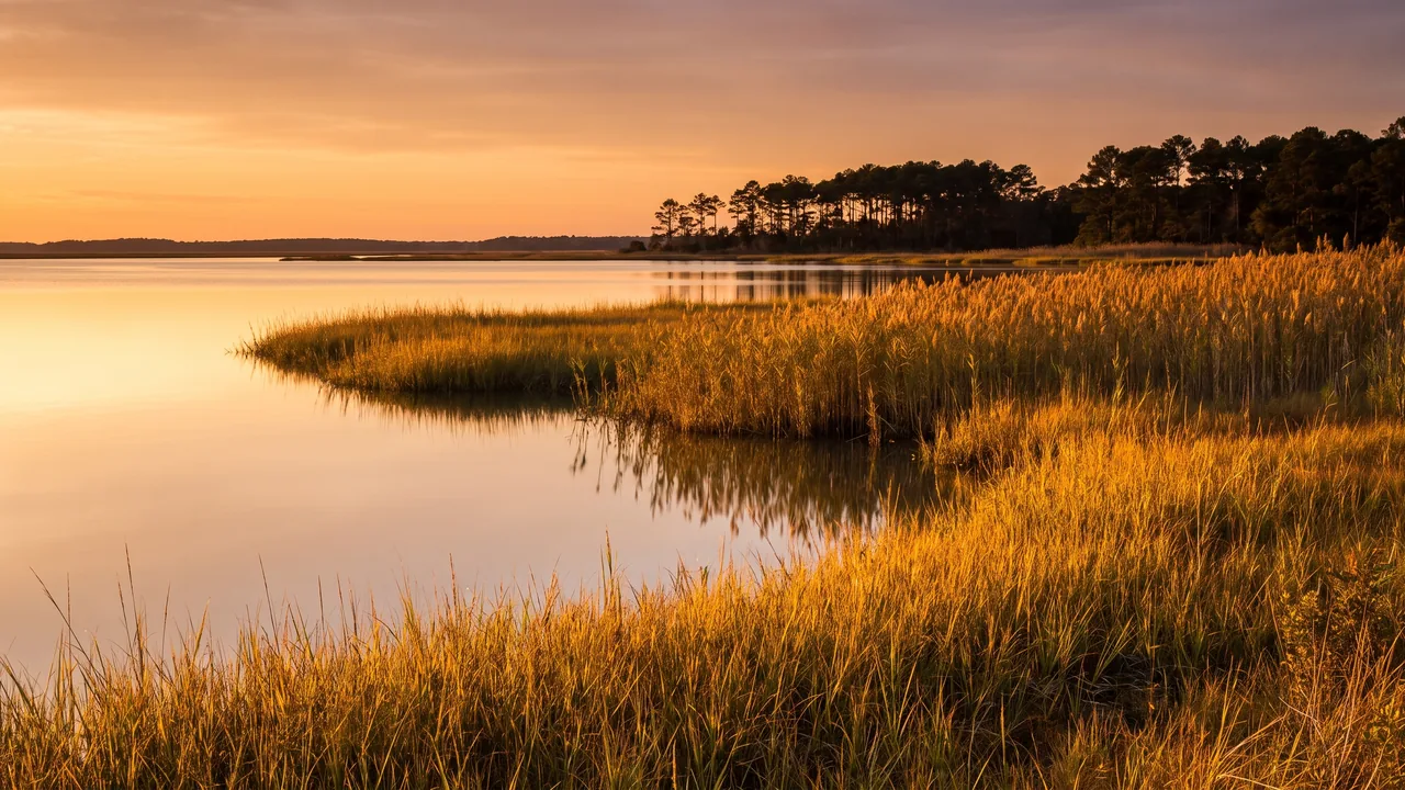 Roselières dorées au bord du Bassin d'Arcachon à Andernos, roseaux et eau calme miroitante au soleil couchant
