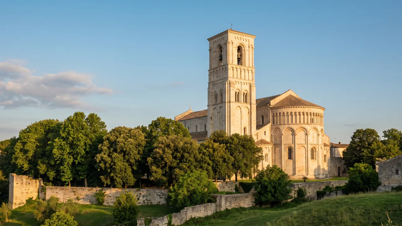 La haute tour de pierre et l'abside romane de la cathédrale Saint-Pierre d'Angoulême sous un ciel clair