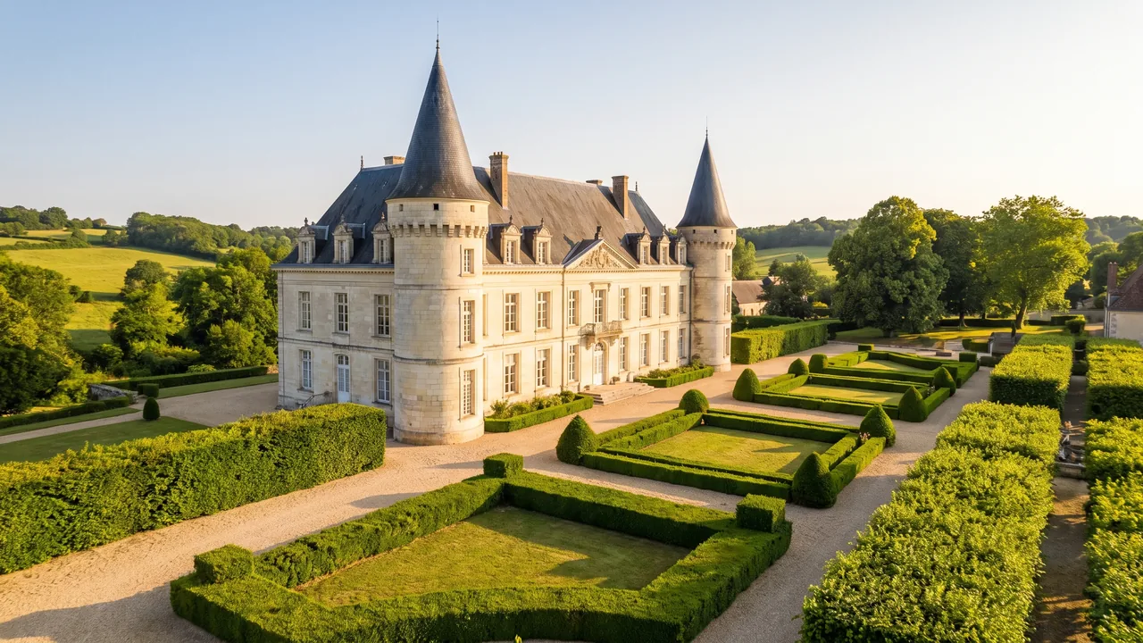 L'hôtel de ville d'Angoulême, bâtiment de pierre claire flanqué de deux tours médiévales à toit conique derrière des jardins