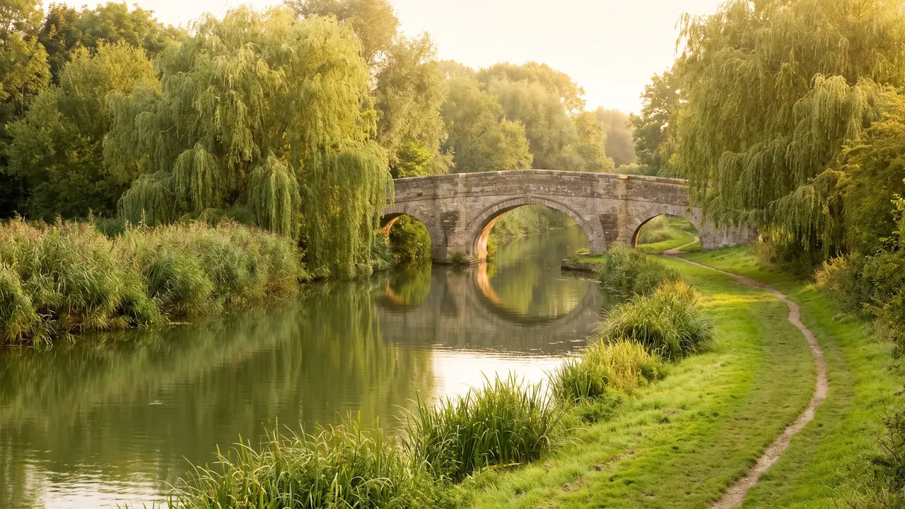 La Charente au pied d'Angoulême, berges verdoyantes et vieux pont de pierre en arc reflété dans l'eau calme