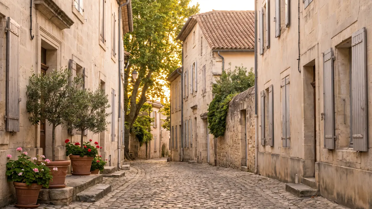 Ruelle pavée de la vieille ville d'Angoulême, maisons de pierre claire à volets et petite place, lumière douce