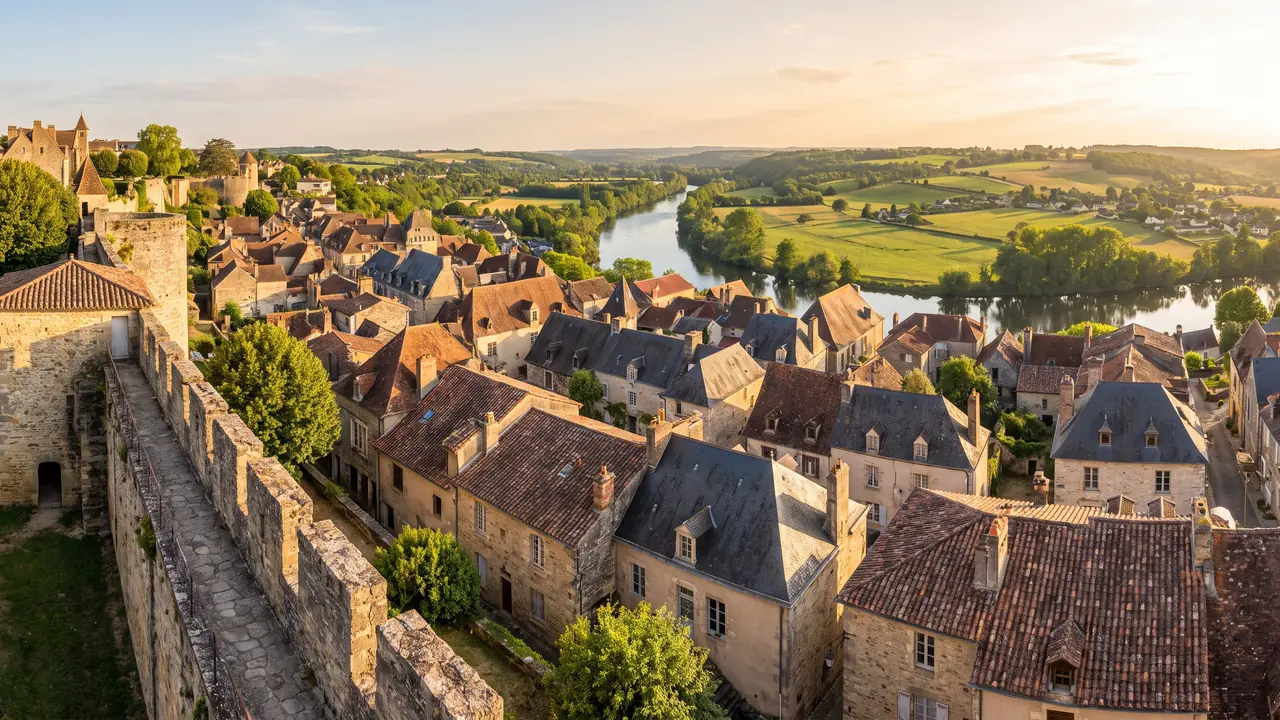 Panorama des toits de tuiles d'Angoulême depuis les remparts, dominant la vallée verte de la Charente sous un ciel lumineux