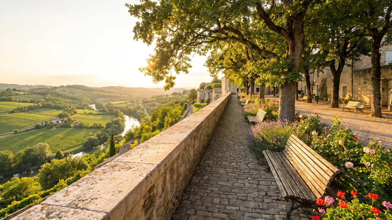 Promenade des remparts d'Angoulême bordée d'arbres et de jardins, parapet de pierre surplombant la vallée verte