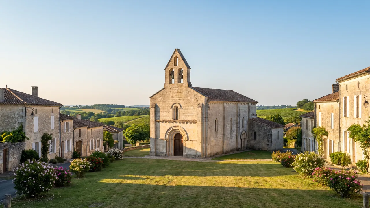 Église romane saintongeaise de pierre claire, portail en plein cintre encadré de chapiteaux sculptés, sur une place herbeuse