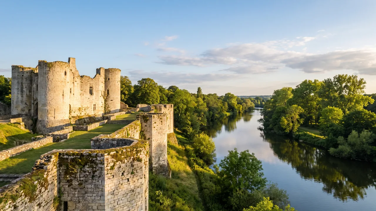 Ruines des remparts de pierre claire d'un château riverain dominant les berges vertes d'un fleuve calme, reflets dans l'eau