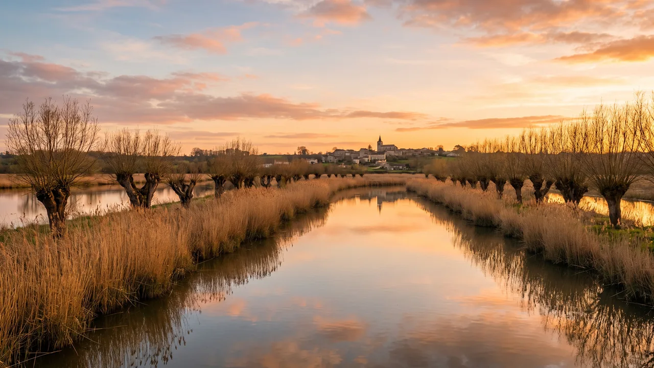 Marais plats de la vallée de la Charente près d'Annepont, canaux réfléchissant un grand ciel, roselières et saules têtards