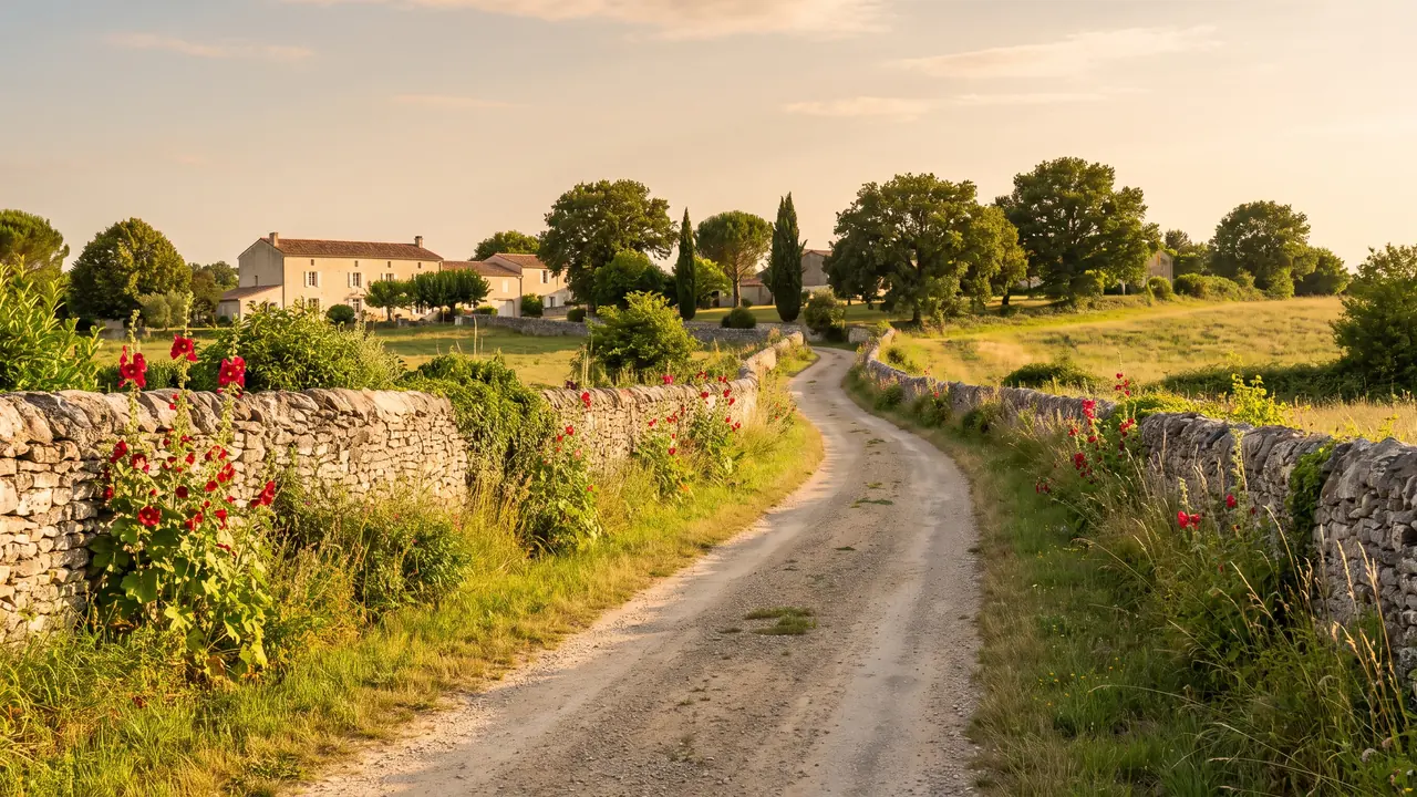 Ruelle bordée de vieux murs de pierre et de roses trémières à l'entrée d'un village de Saintonge, maisons de pierre au loin
