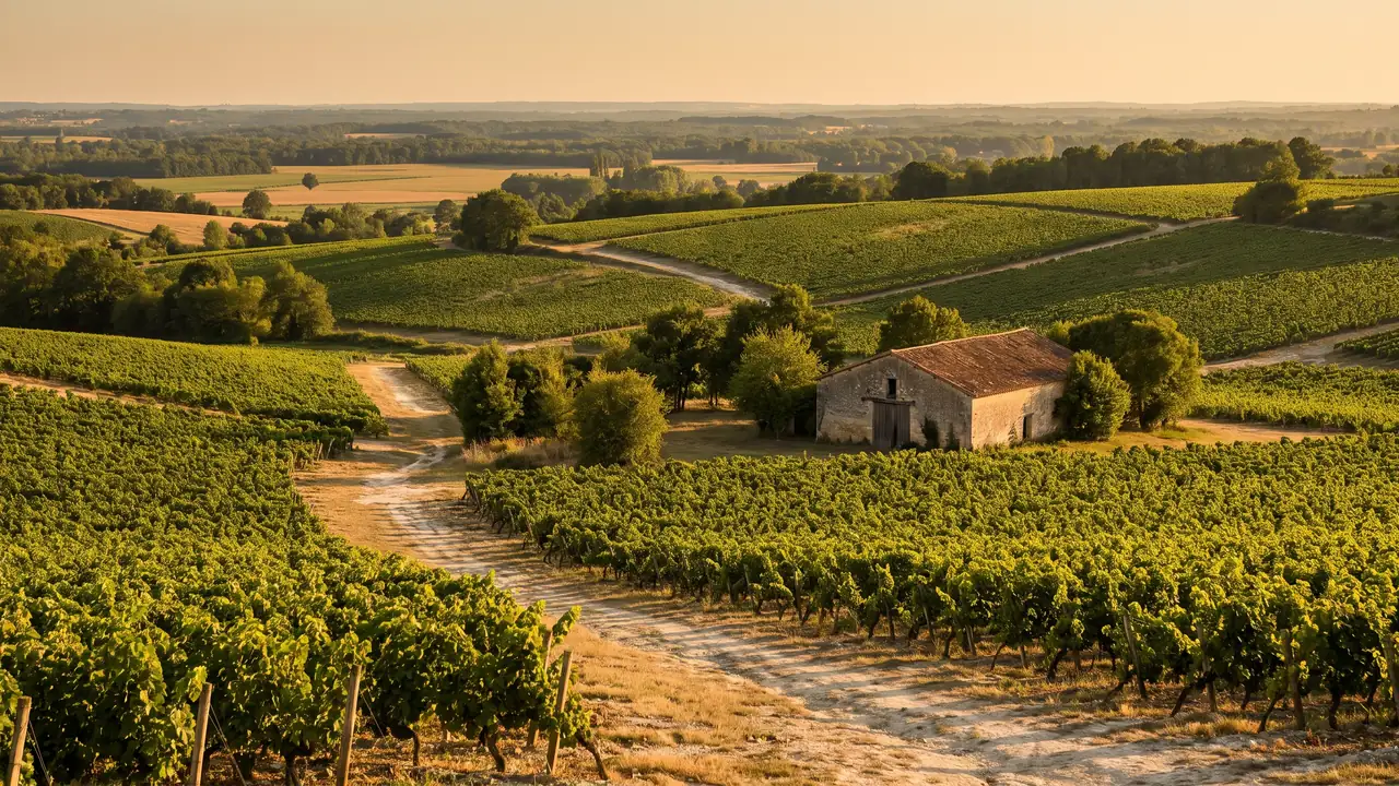 Rangs de vignes de cognac sur un coteau calcaire de Saintonge, feuillage vert vif sous une lumière chaude de fin de journée