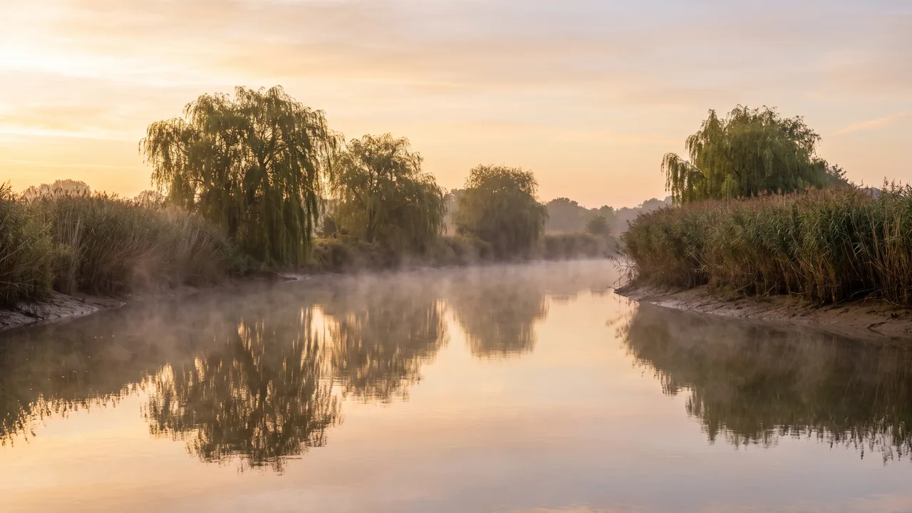La Charente au petit matin, eau calme réfléchissant les saules et un ciel doux, légère brume sur le fleuve et roselières