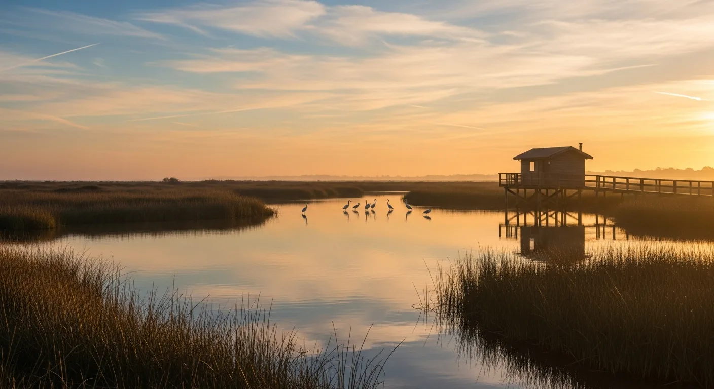 Réserve ornithologique du Teich avec flamants roses et hérons dans les marais du bassin d'Arcachon