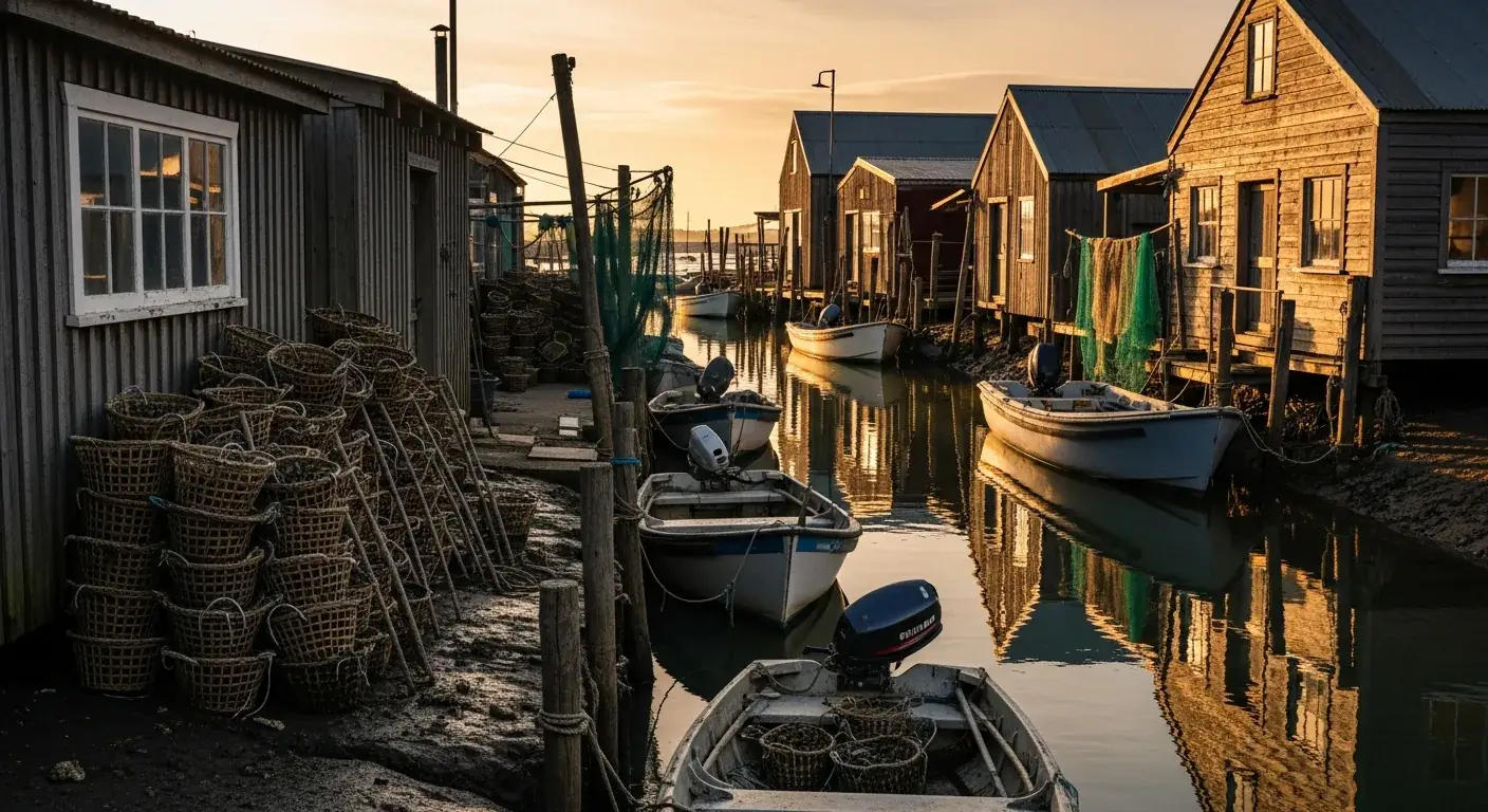 Port ostréicole de Gujan-Mestras dans le bassin d'Arcachon avec cabanes traditionnelles et bateaux de pêche