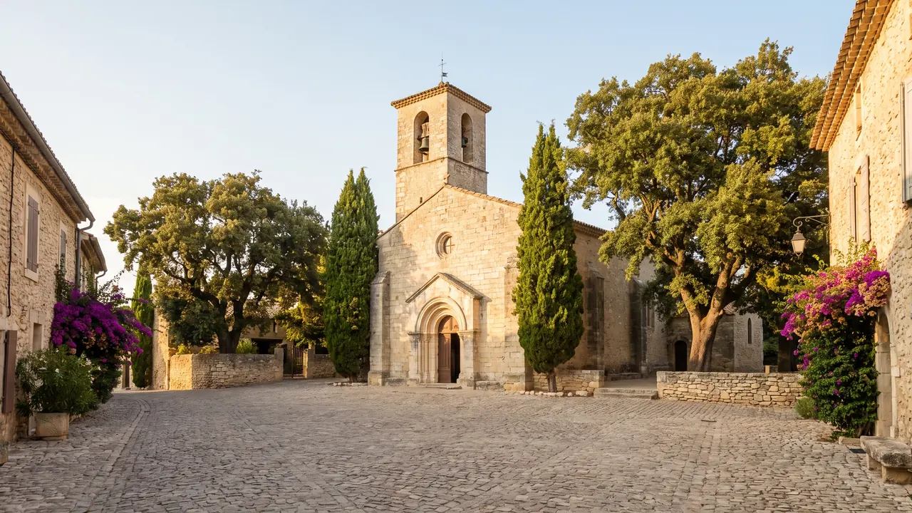 Église néo-romane Saint-Vincent-de-Paul d'Arès en pierre claire, clocher et portail en plein cintre parmi les arbres