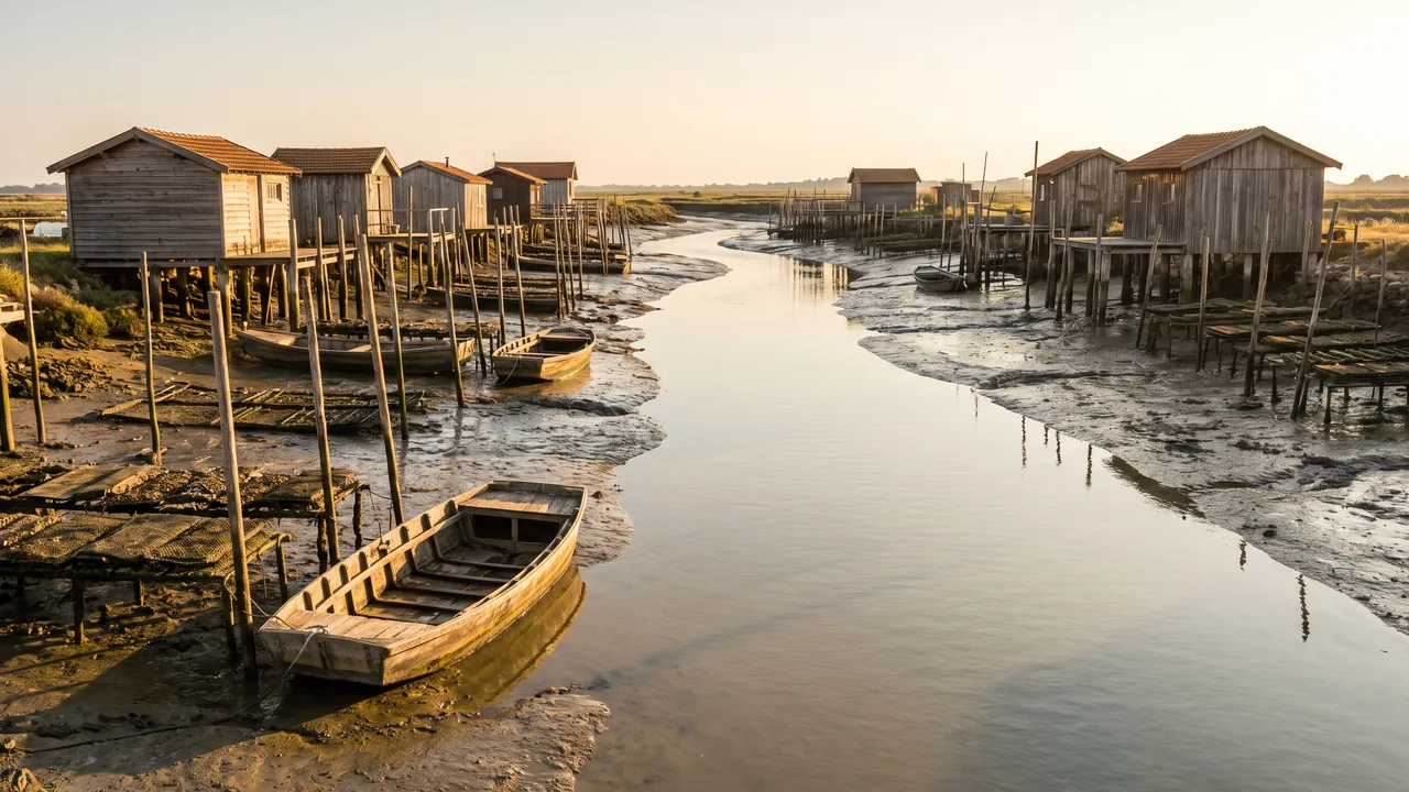 Port ostréicole d'Arès à marée basse, rangée de cabanes de bois brut sur pilotis le long d'un chenal, vasières et reflets
