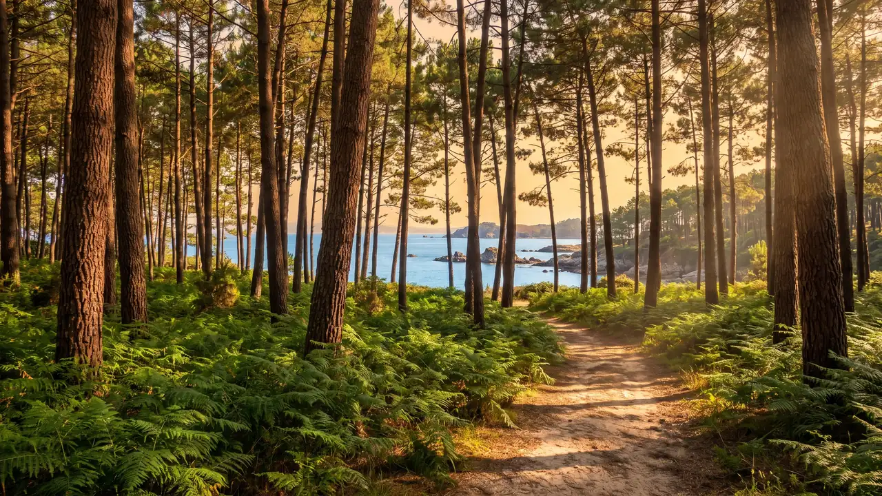 Forêt de pins maritimes près d'Arès dans une lumière chaude, troncs élancés, tapis de fougères et sentier sablonneux
