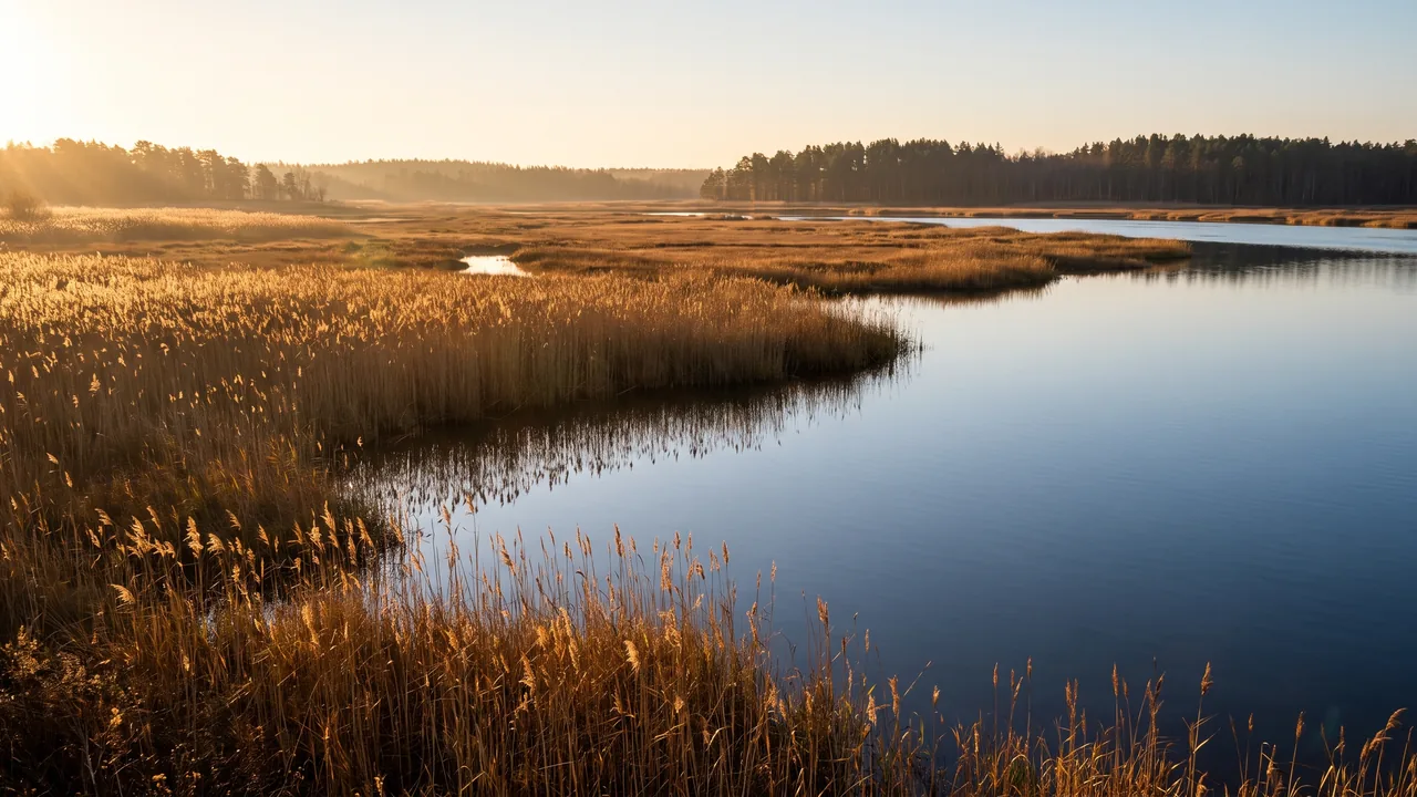 Roselières dorées au bord du Bassin d'Arcachon à Arès au soleil couchant, roseaux et eau calme miroitante