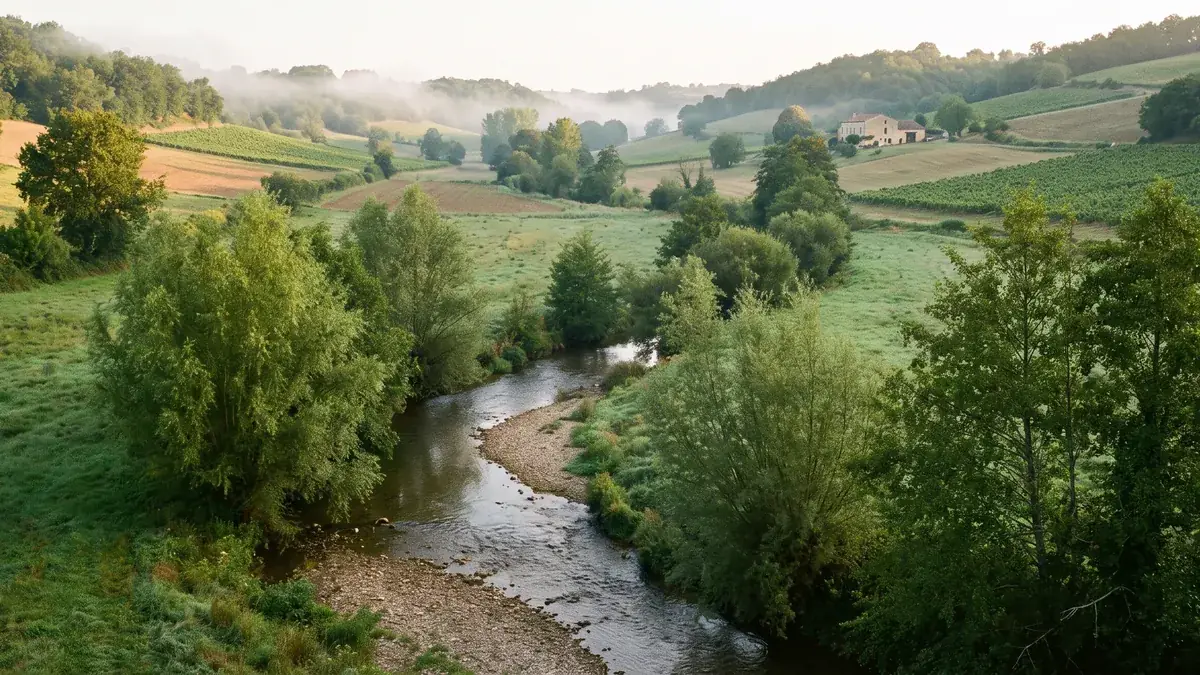 Vallée du Dropt près d'Armillac, ruisseau, prairies et coteaux boisés