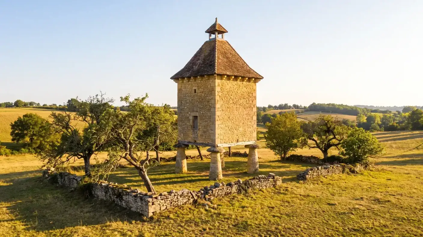 Pigeonnier en pierre sur piliers dans un pré du Lot-et-Garonne