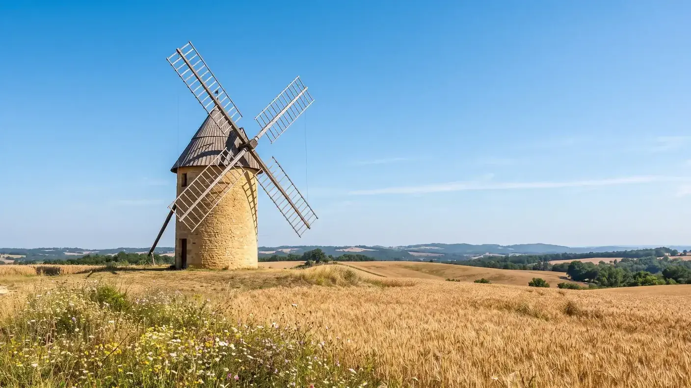 Moulin à vent en pierre dans la campagne du Lot-et-Garonne