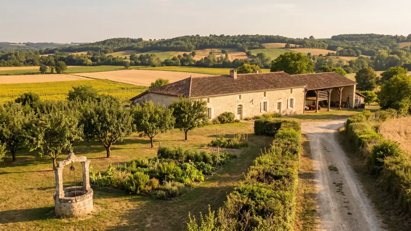 Ferme en pierre, verger et champs dans la campagne du Lot-et-Garonne
