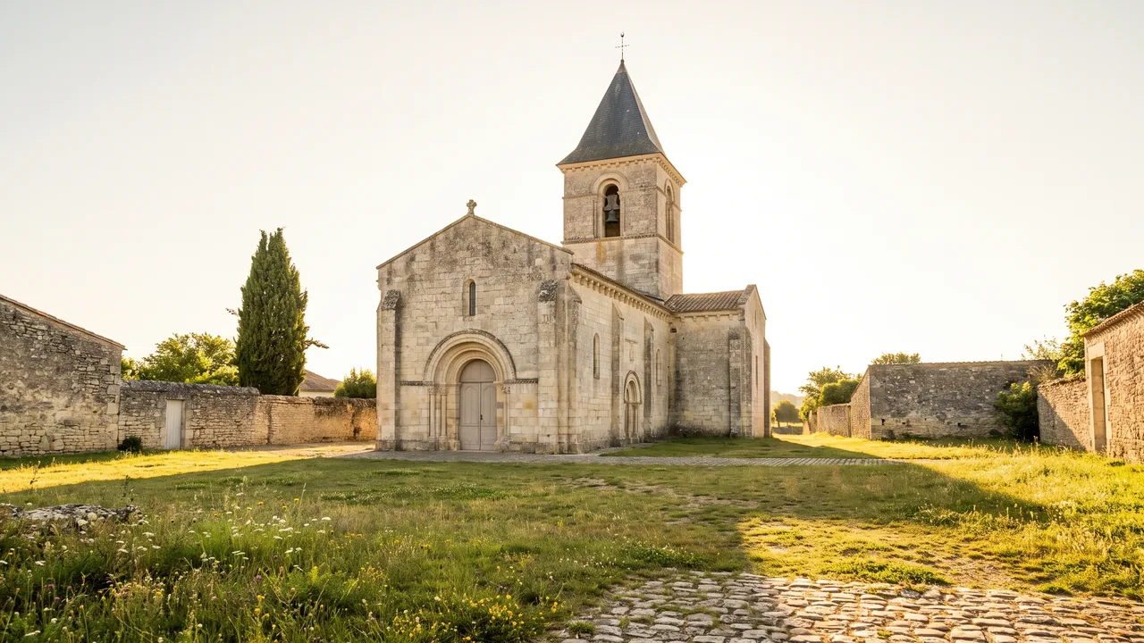 Église romane de pierre claire de Saintonge, clocher central à toit pyramidal d'ardoise et portail en plein cintre
