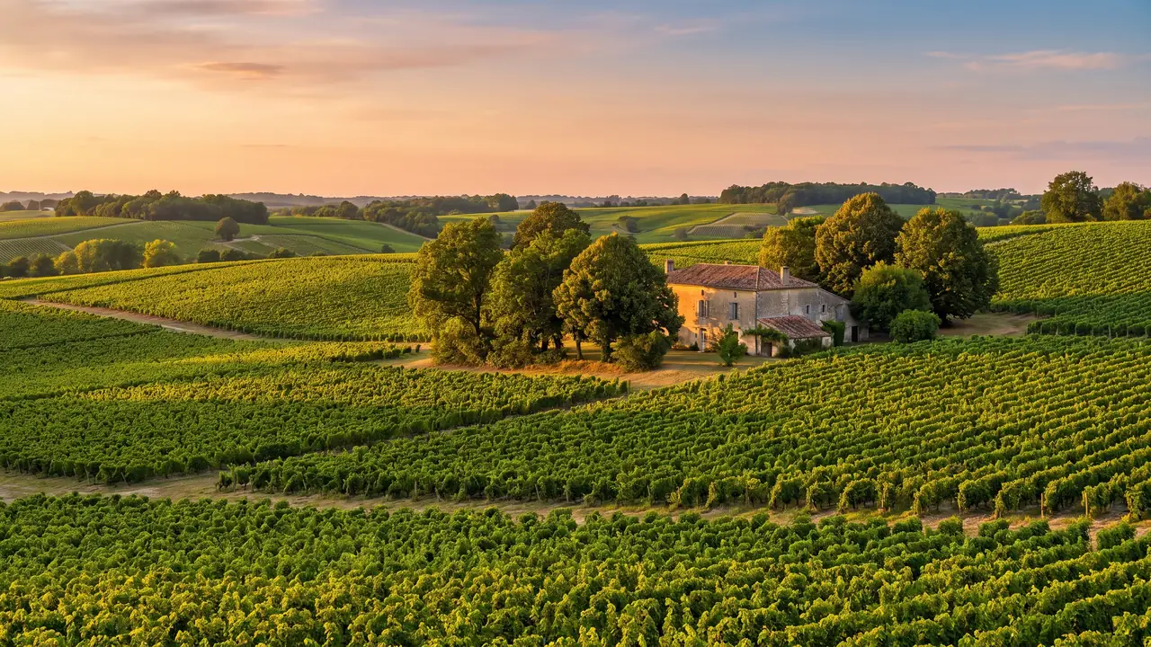 Rangs de vignes de cognac sur un coteau calcaire de Saintonge, feuillage vert vif sous une lumière chaude de fin de journée