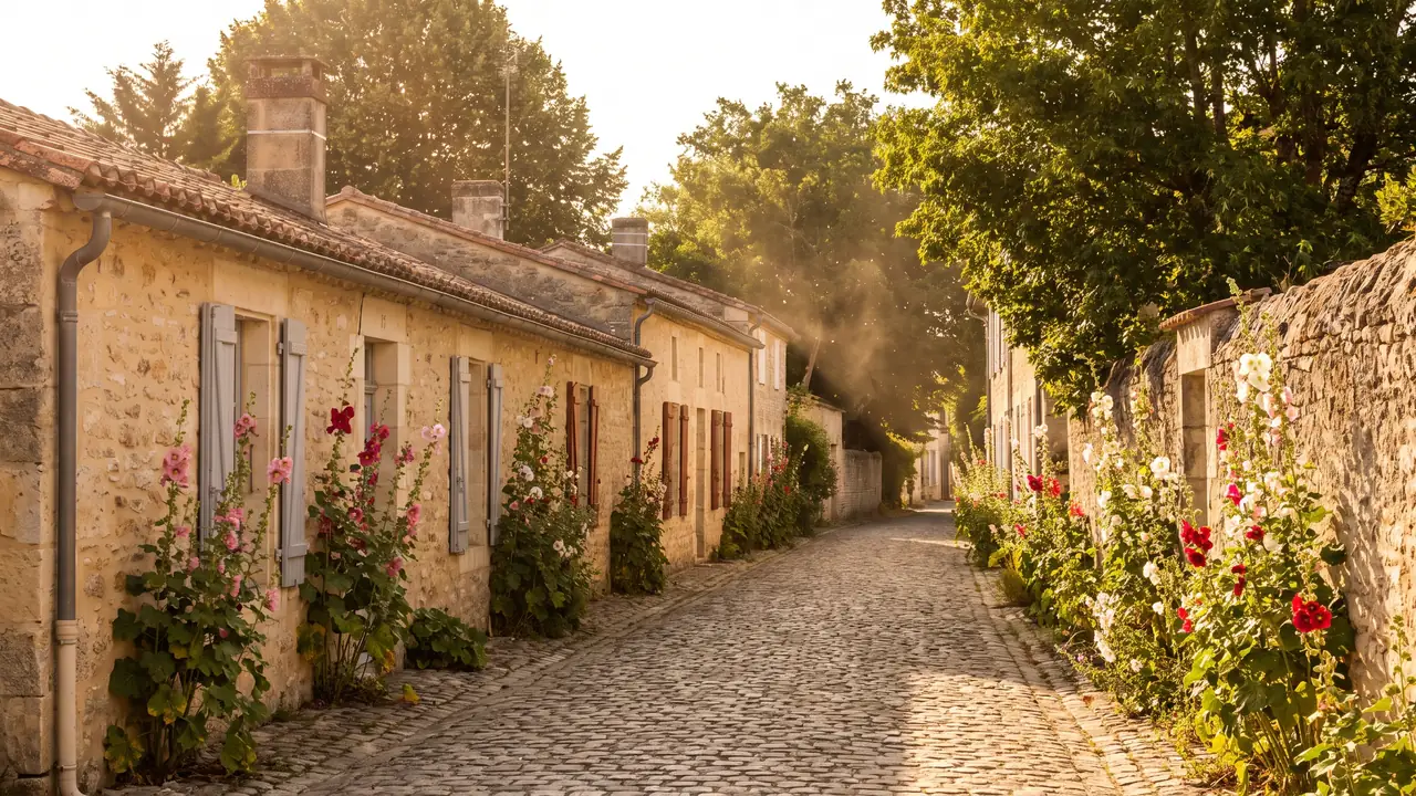 Ruelle d'un village de Saintonge, maisons basses de pierre claire à volets, mur de pierre et roses trémières, lumière chaude