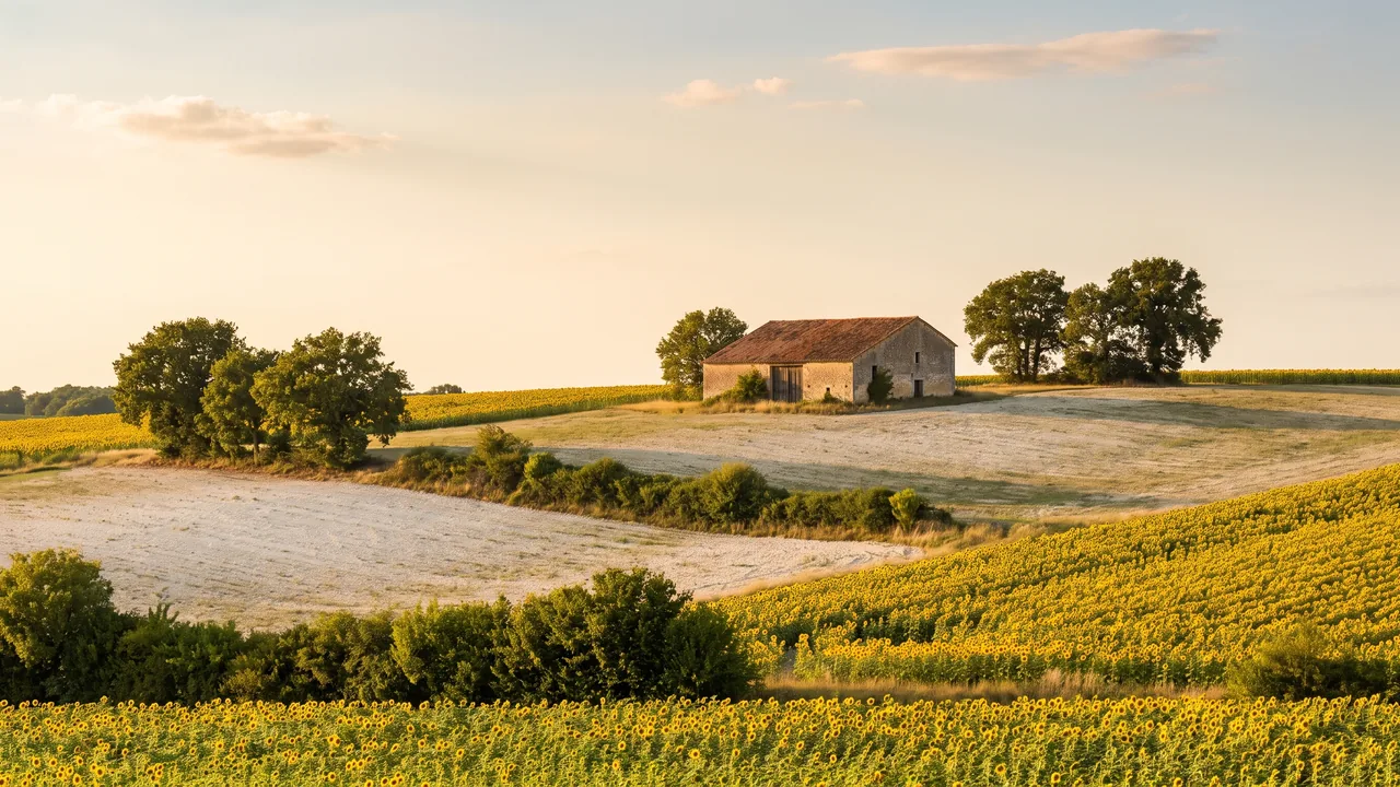 Campagne des Vals de Saintonge, champs de tournesols et de terre claire, haies et grange de pierre sous un vaste ciel