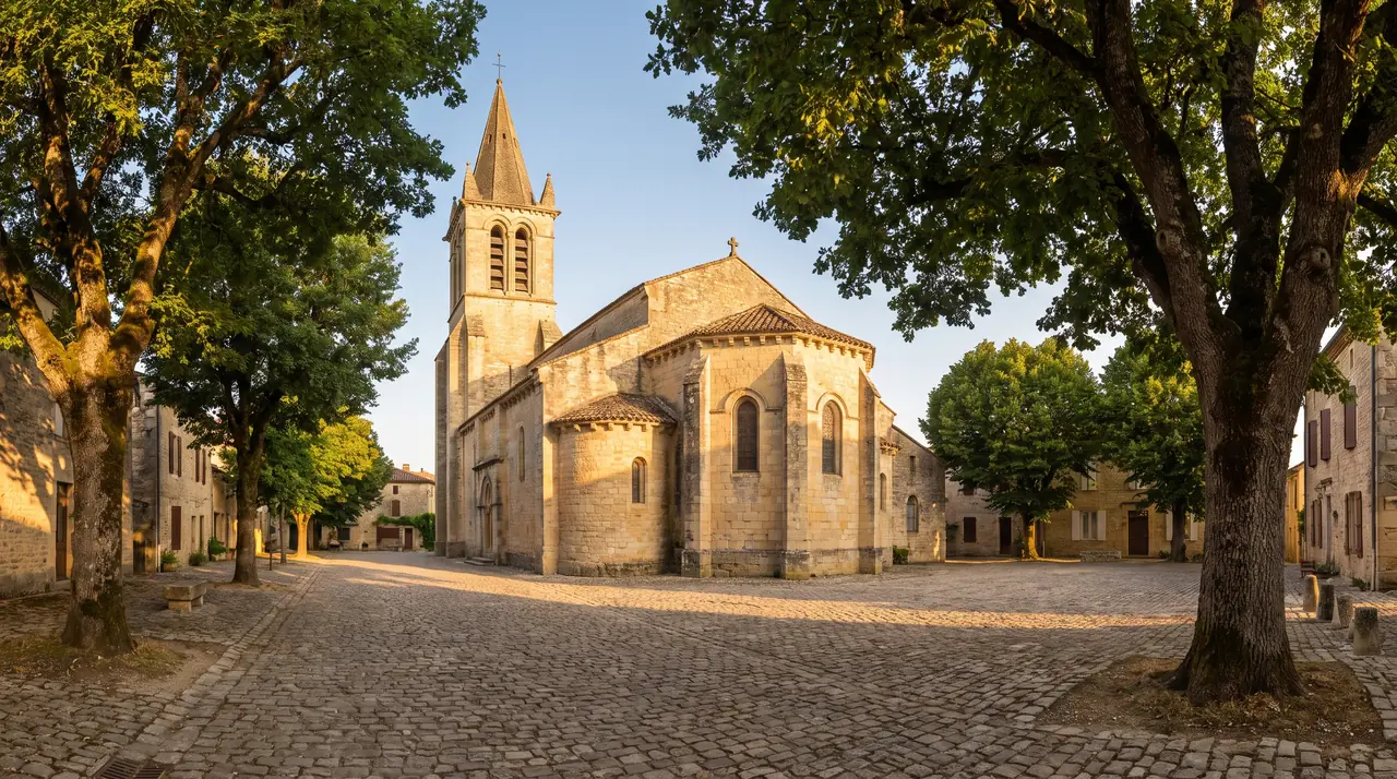 Vieille église de village en pierre claire à chevet plat, nef unique et haut clocher à Asques, lumière chaude