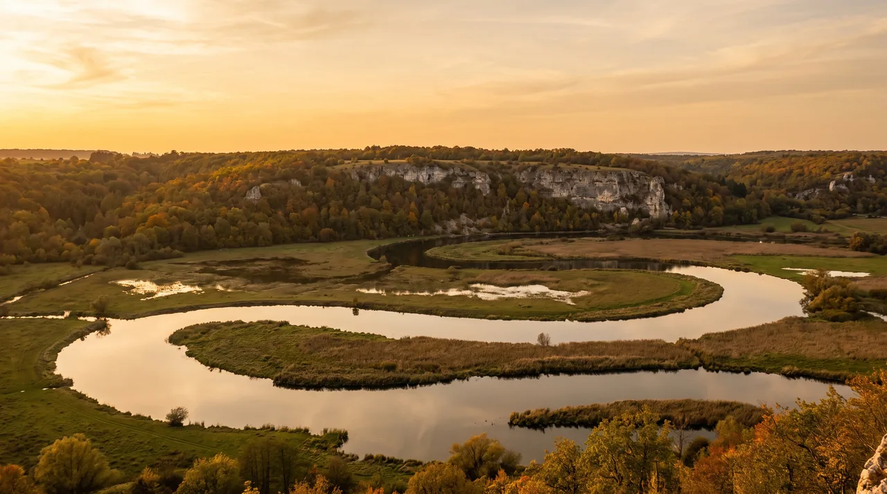 Large méandre de la Dordogne au soleil couchant sous un plateau boisé près d'Asques, eau calme, berges de roseaux
