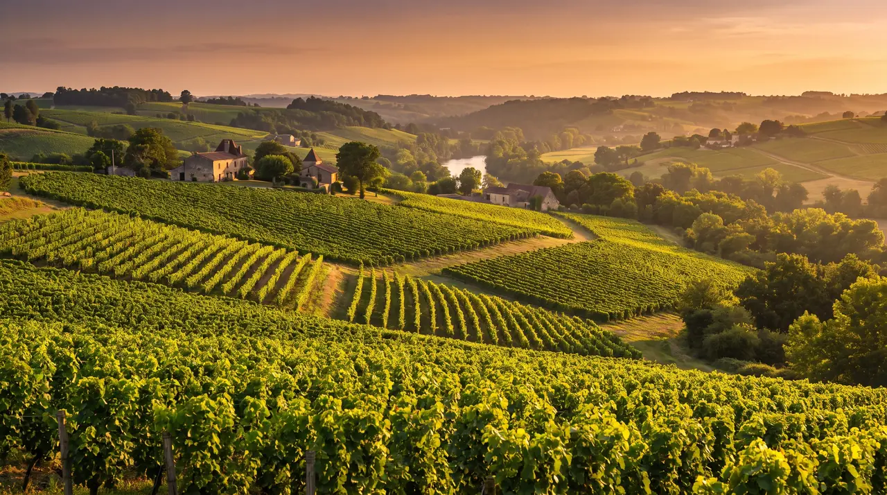 Rangs de vignes de Bordeaux sur des coteaux dominant la Dordogne près d'Asques au soleil couchant, ferme au loin