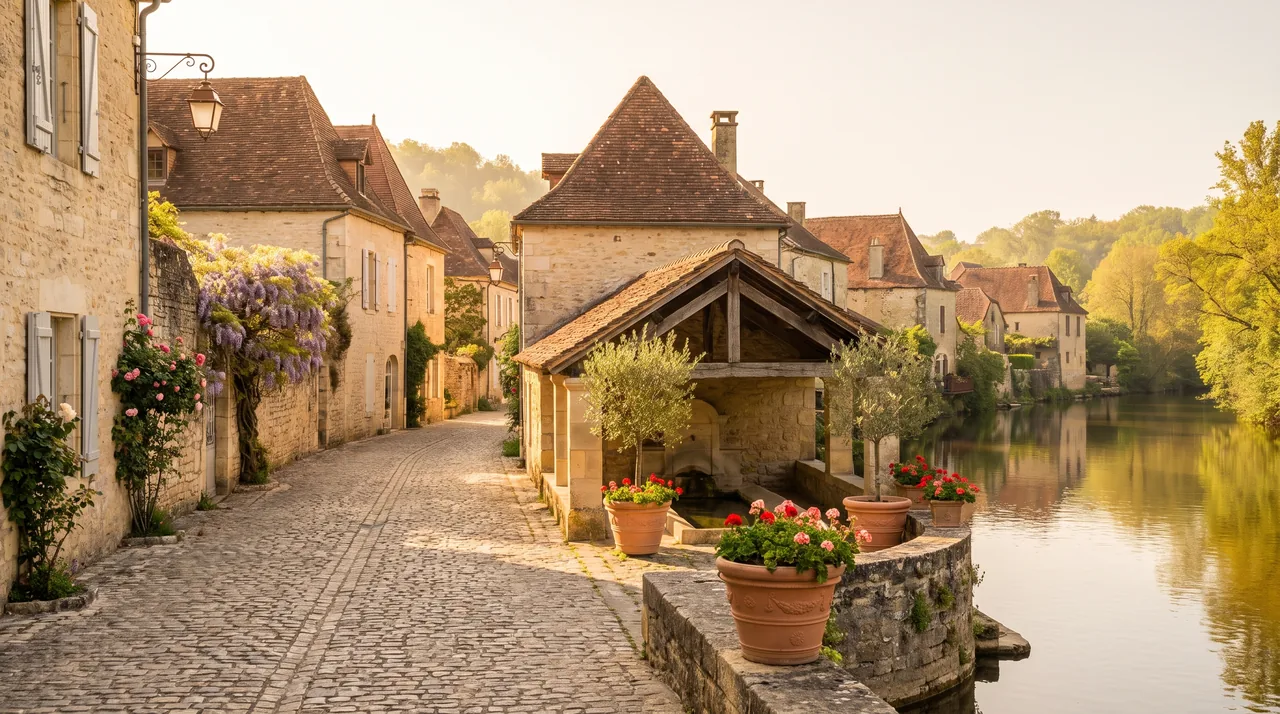 Ruelle tranquille d'un village de pierre au bord de la Dordogne à Asques, maisons claires à volets, vieux lavoir