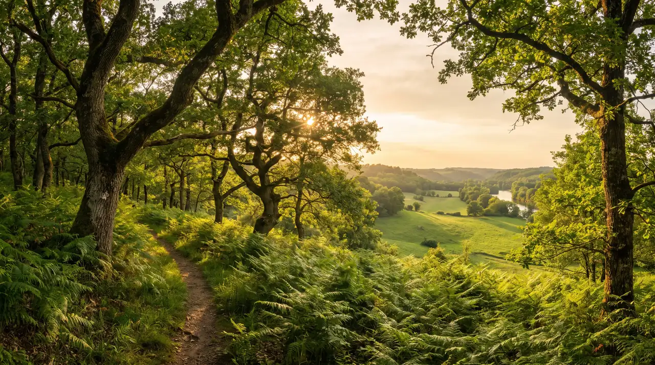Bois de chênes et vallon vert de la rive droite de la Dordogne près d'Asques, tapis de fougères et sentier, lumière chaude