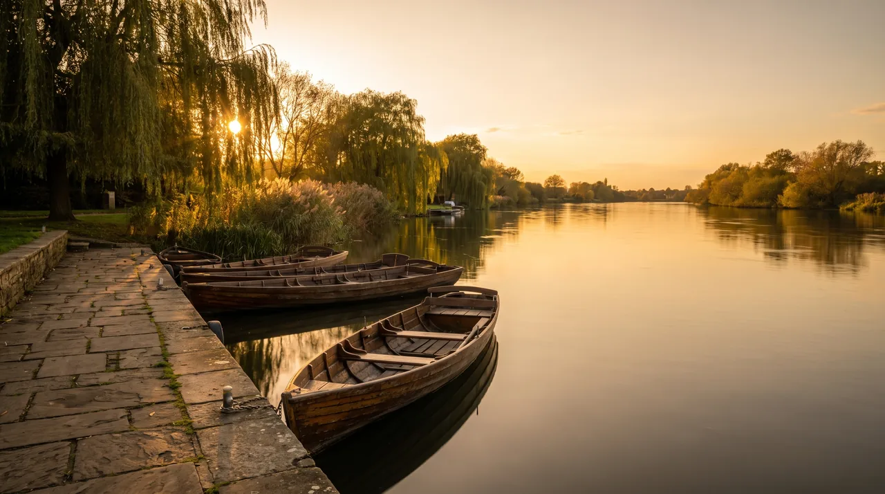 Halte fluviale paisible sur la Dordogne calme au soleil couchant à Asques, quai de pierre et barques de bois amarrées