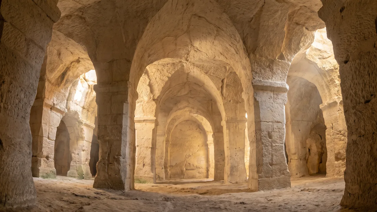 Intérieur de l'église monolithe Saint-Jean d'Aubeterre, vaste salle taillée dans la roche avec piliers et voûte