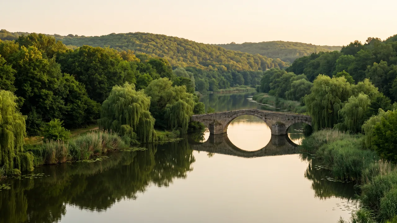 La Dronne au pied d'Aubeterre, rivière verte et calme bordée de saules et de roseaux, petit pont de pierre, lumière douce