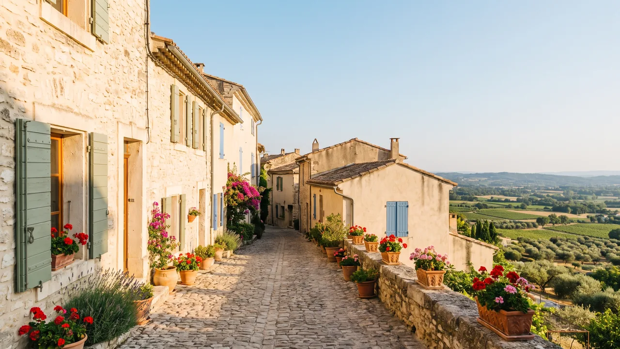 Ruelle empierrée d'Aubeterre bordée de maisons de pierre claire à volets de bois et pots de fleurs, déserte