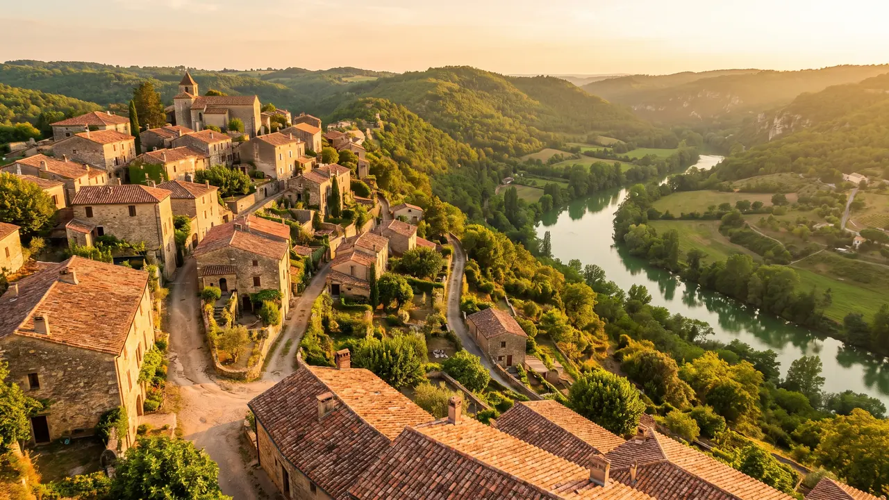 Panorama des toits de tuiles d'Aubeterre-sur-Dronne dévalant vers la vallée verte de la Dronne, collines boisées au loin