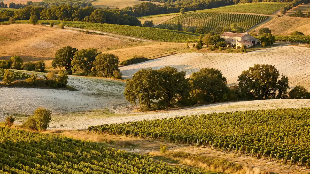 Campagne vallonnée aux confins de la Charente et du Périgord près d'Aubeterre, vignes, champs clairs et bosquets