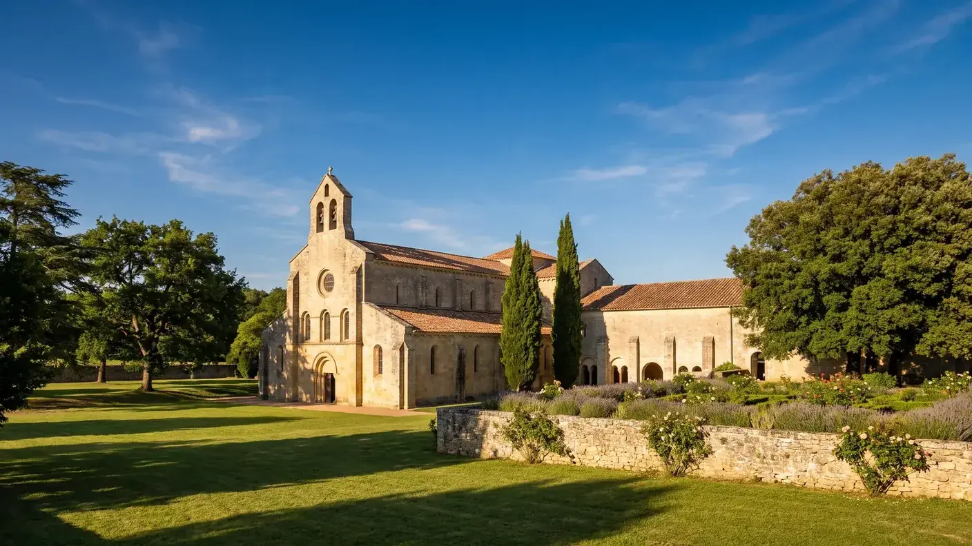 Une sobre abbaye cistercienne en pierre calcaire en Gironde, église abbatiale à clocher-mur et fenêtres en plein cintre