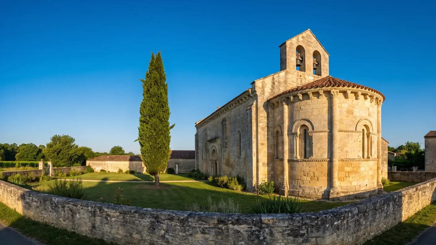 Une petite église romane des XIe-XIIe siècles en pierre couleur de miel en Gironde, chevet arrondi et clocher-mur