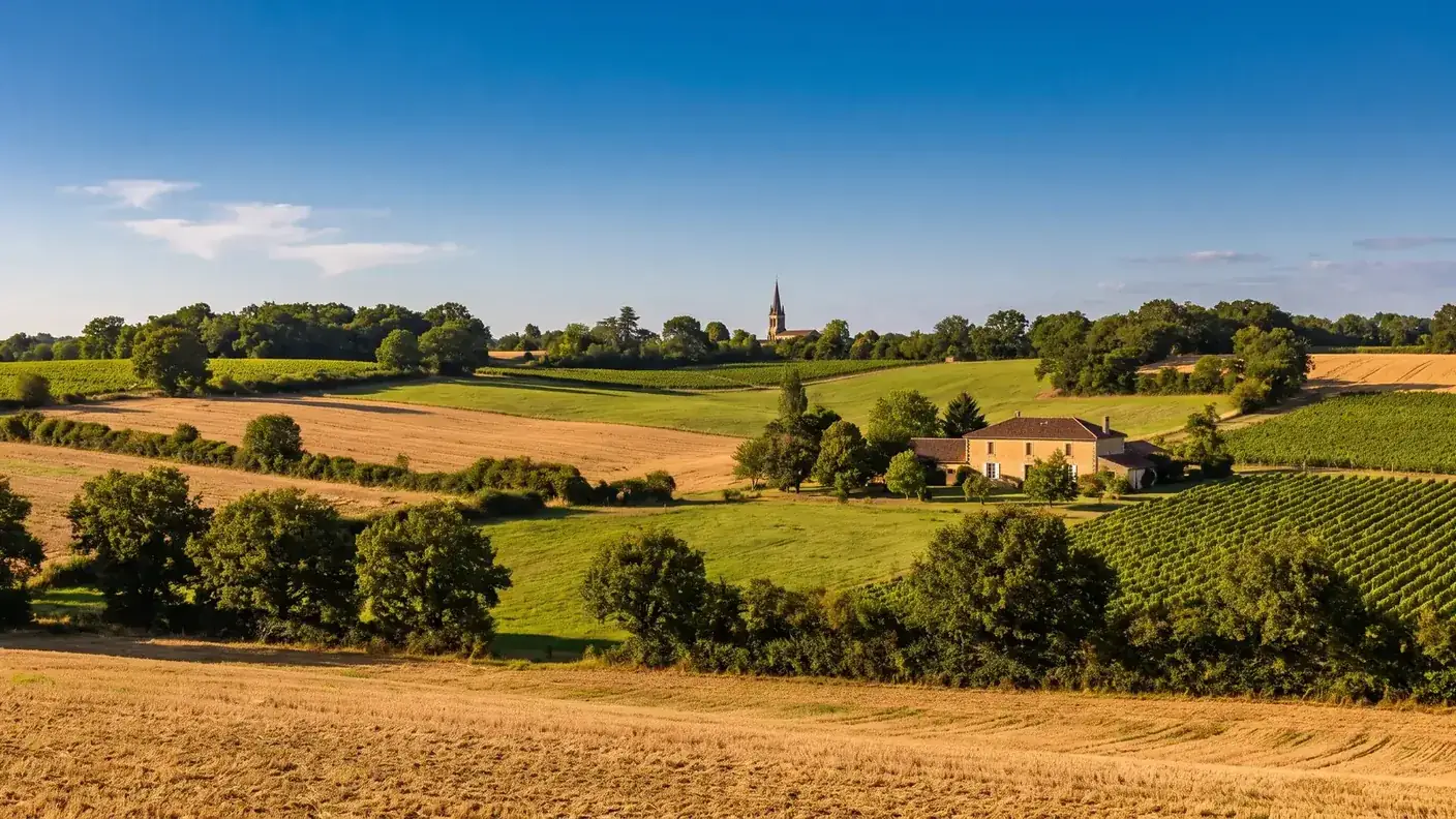 Champs et prairies du Sud-Gironde près d'Auros en fin d'été, chaumes dorés, pâtures vertes et rangs de vignes