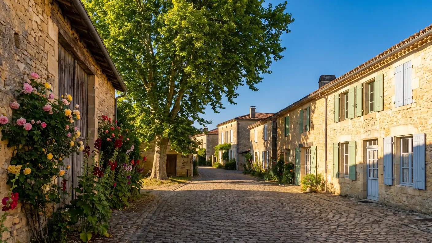 Une ruelle d'un village de pierre du Sud-Gironde, maisons basses de calcaire clair à volets pastel et roses trémières