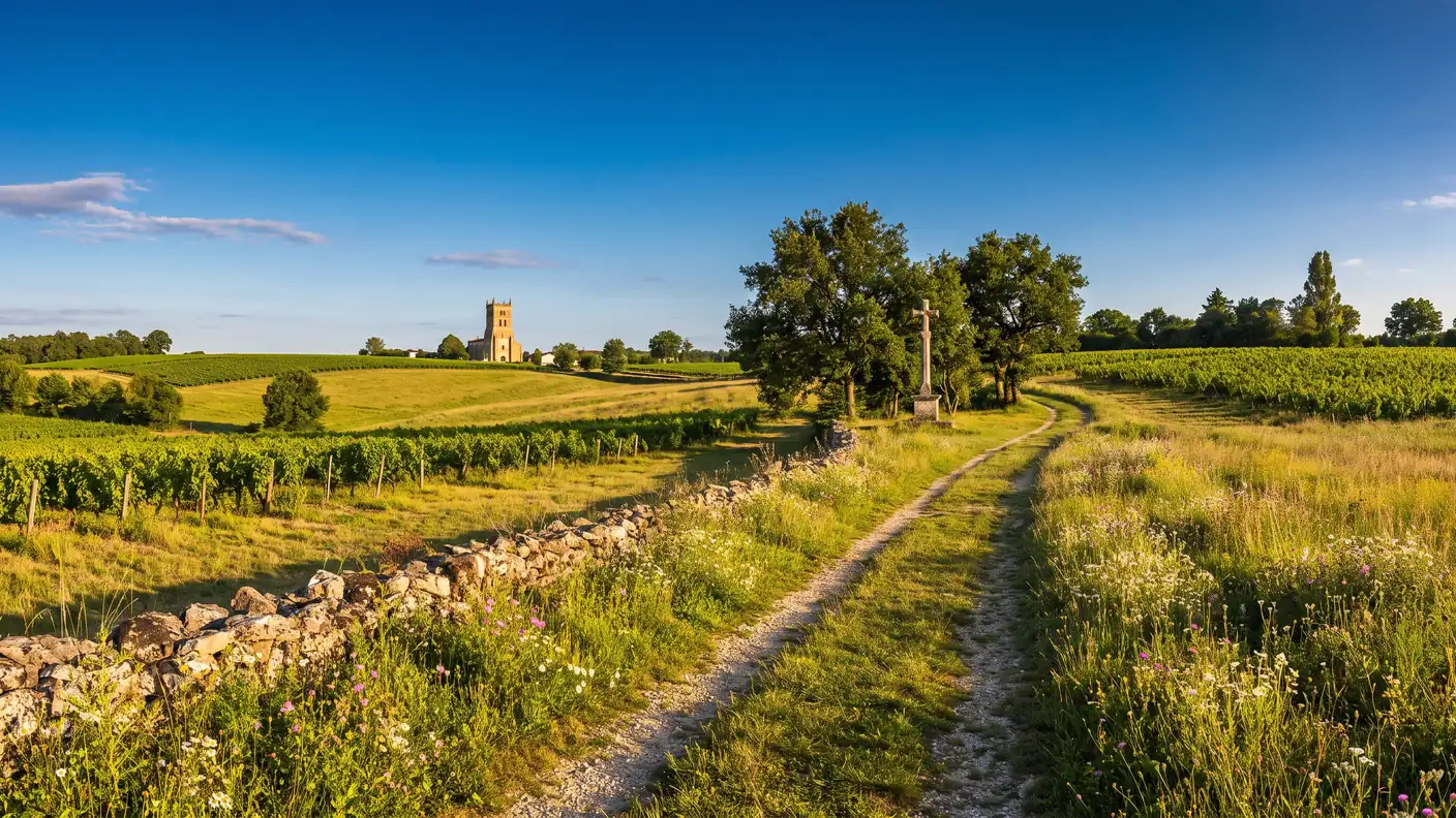 Un chemin de pèlerinage de Compostelle dans la campagne du Sud-Gironde, sentier bordé de fleurs sauvages et d'un muret