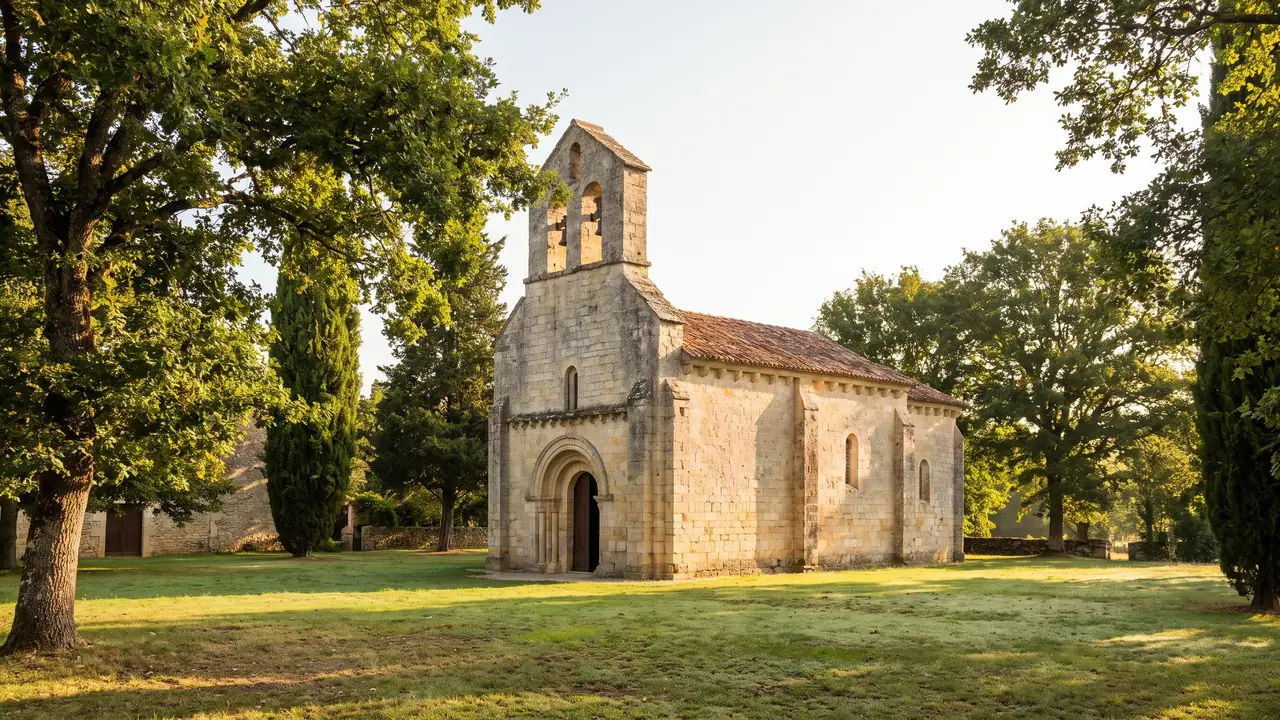 Petite église en pierre claire de Baigneaux, clocher carré parmi de vieux arbres dans une lumière chaude de fin de journée