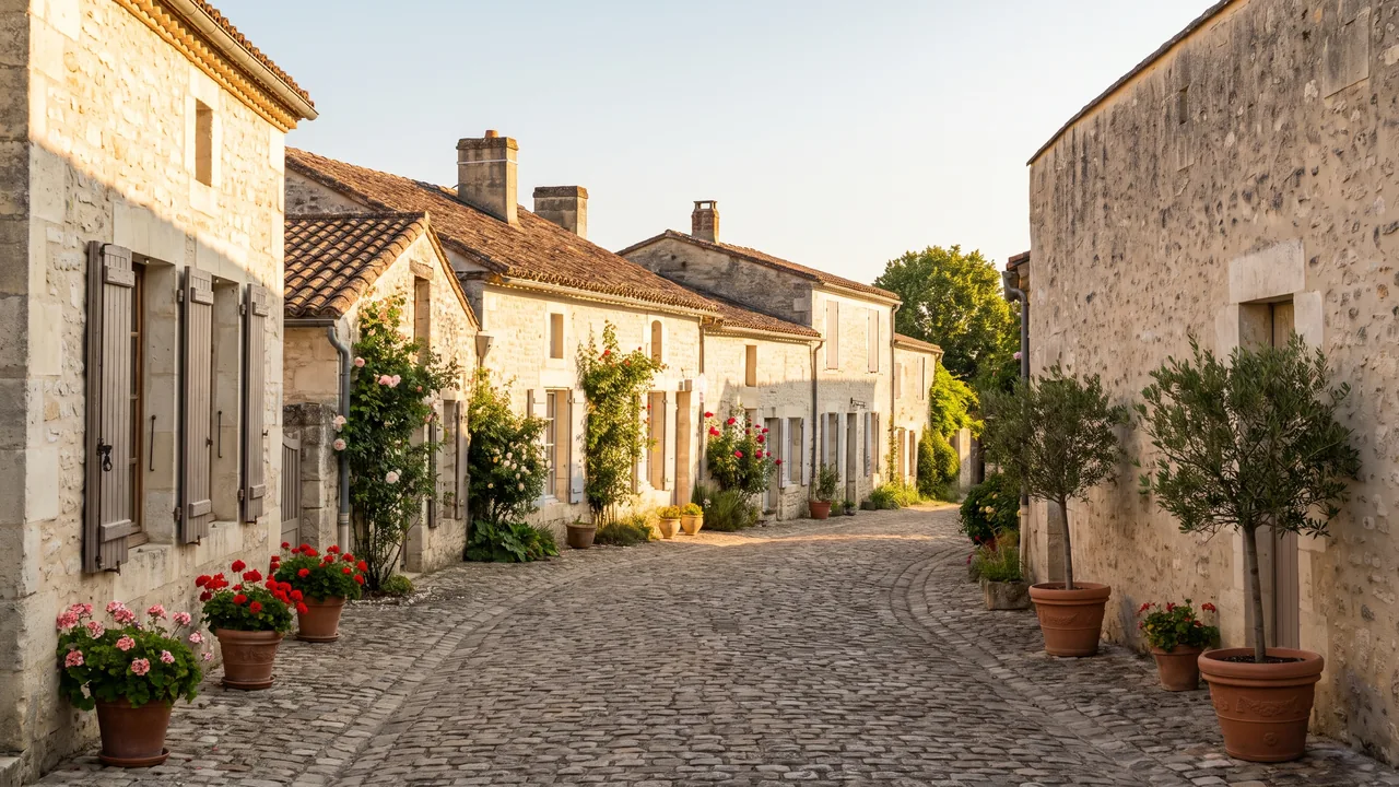 Ruelle tranquille d'un hameau de pierre à Baigneaux, maisons claires à volets et toits de tuiles, sans voiture ni passant